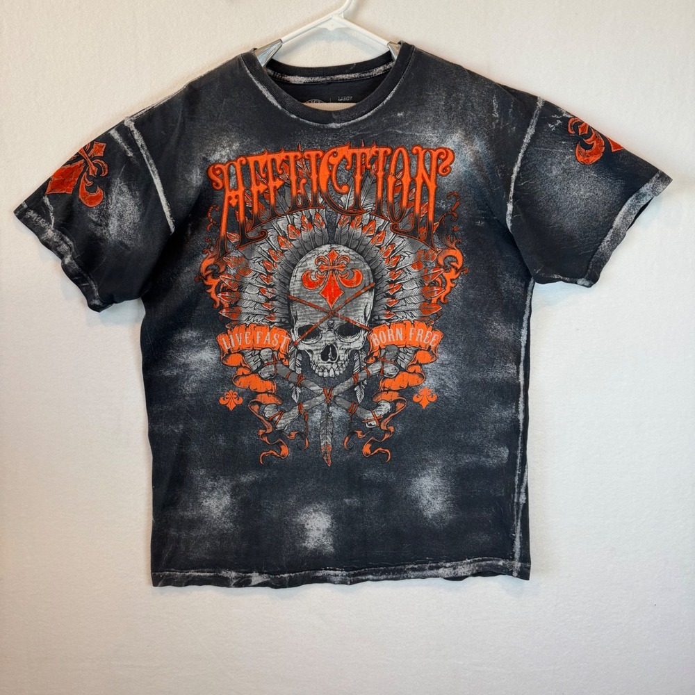Affliction Supertee‎ Mens Large Black Orange Skull Graphic T-Shirt Made in USA
